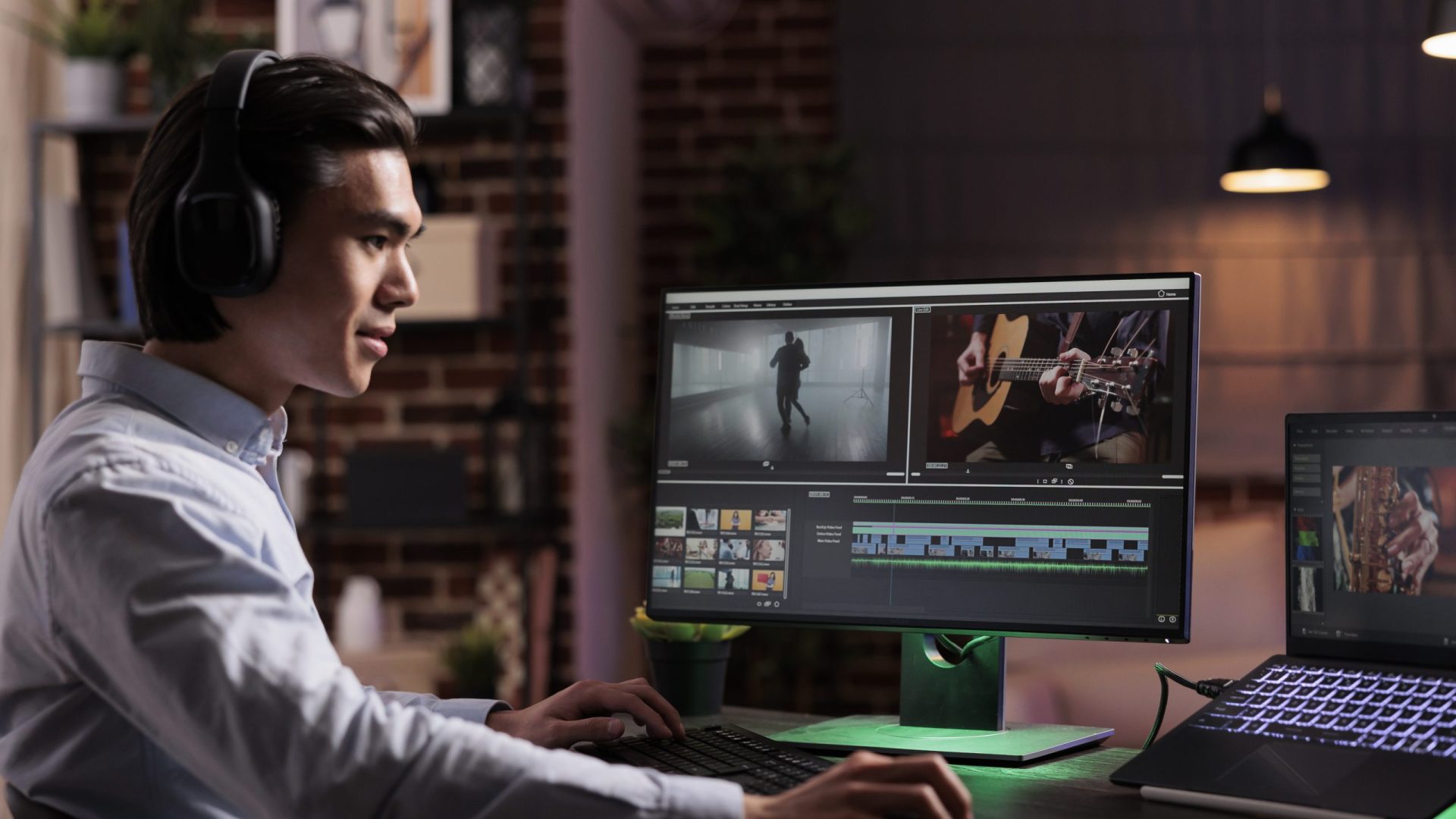 Male freelancer working on movie production with computer software, editing film montage with audio and visual effects. Creating multimedia content with footage, color grading creative app.